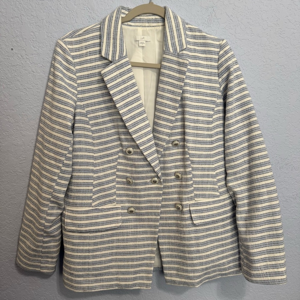 J. Jill Nautical Blue and White Striped Double Breasted Modern Spectator Blazer